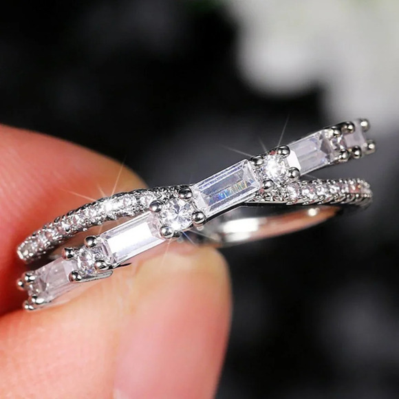 Fashion Party Two Lines Cross Zircon Anillos Trendy Silver Rings for Women, L231 - Picture 2 of 8